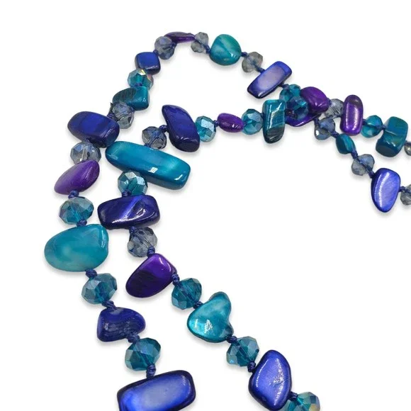 Purple Blue Dyed Mother of Pearl Shell Bead Long Necklace 46" - Picture 2 of 4